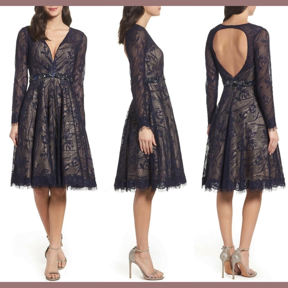 NEW $498 Mac Duggal Open Back Lace A-Line Dress Navy/Nude [SZ 4 ]‎